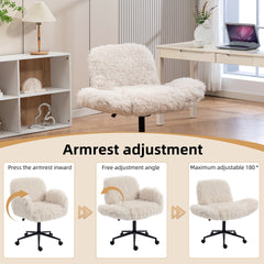 Criss Cross Chair with 5-Gear Adjustable Armrests & Wheels, Ergonomic Thickened Backrest Swivel Desk Chair for Home Office, Vanity, Bedroom and Living Room, Beige Lamb wool