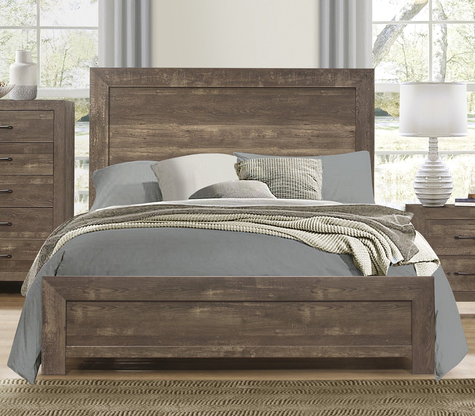 Rustic Brown Finish 1pc Eastern King Size Bed Panel Headboard Footboard Wooden Bedroom Furniture