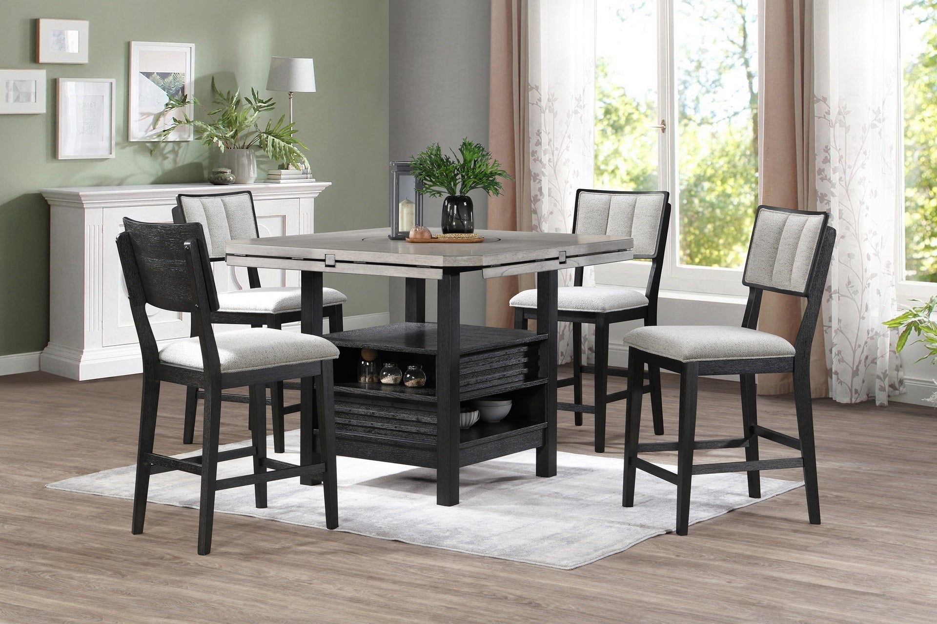 2pc Black/light Grey Counter Height Chair Counter Stools Full Back Wood Fabric Wooden Dining Room Furniture