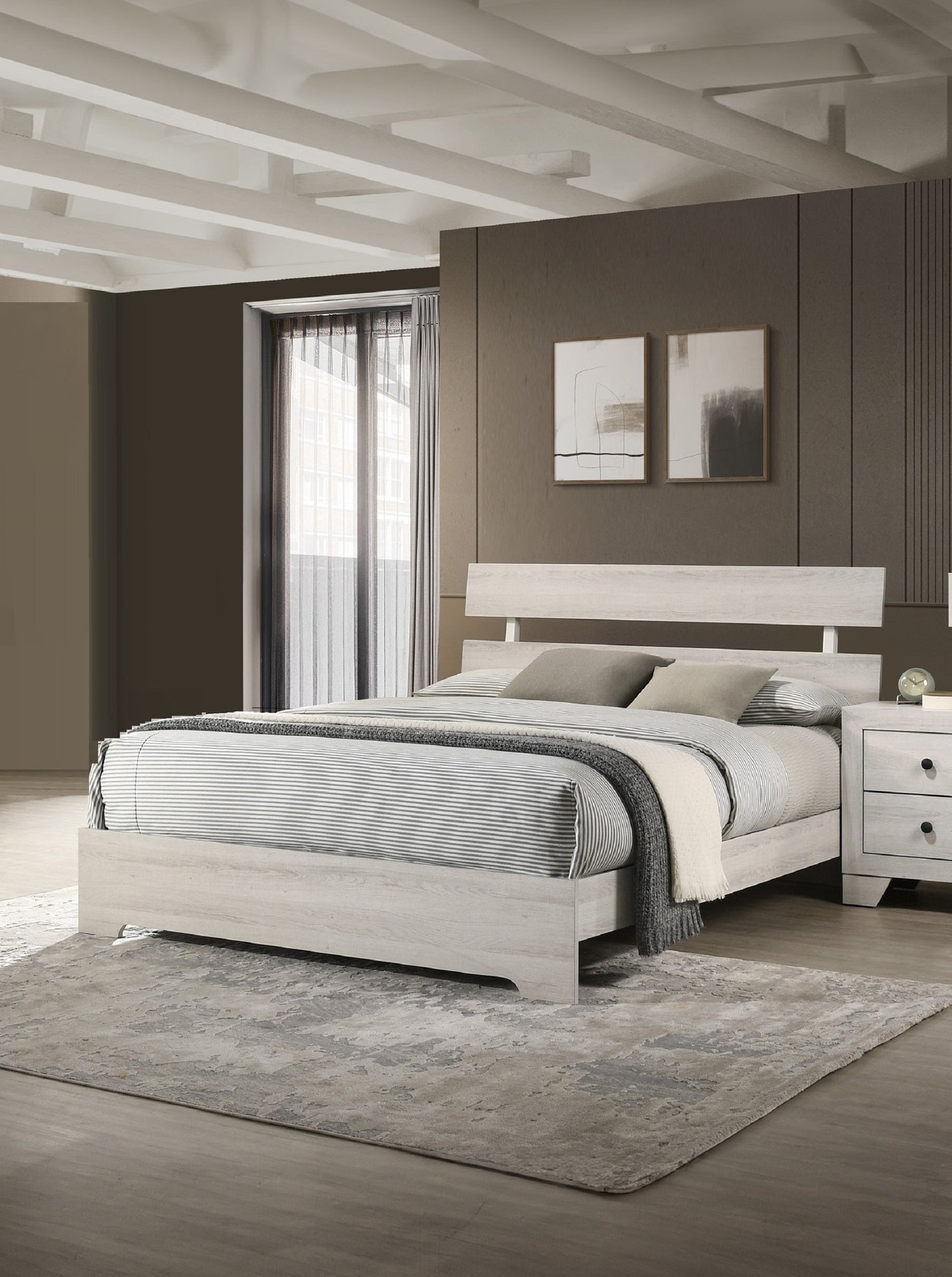 1pc Rustic King Platform Bed Slat Headboard Low-profile Bed Frame White Wash Finish Contemporary Bedroom Furniture