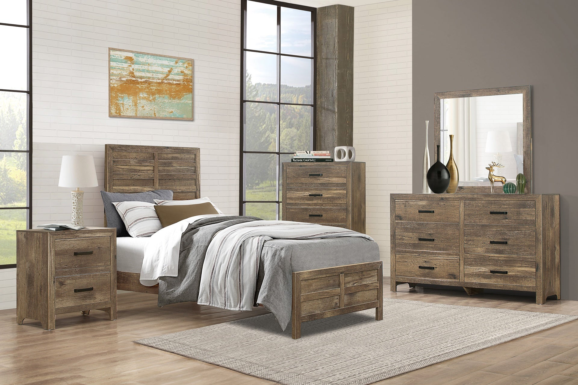 Weathered Pine Finish 1pc Twin Bed Modern Line Pattern Rustic Style Wooden Bedroom Furniture