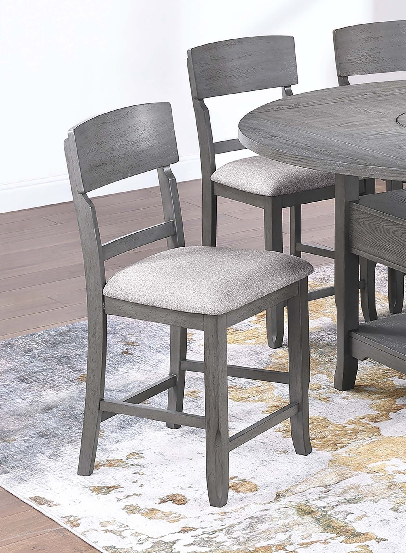 Contemporary 7pc Counter Height Dining Set Gray Table w Lazy Susan Built-in Leaf 6x High Chairs Kitchen Dining Room Storage Space Furniture