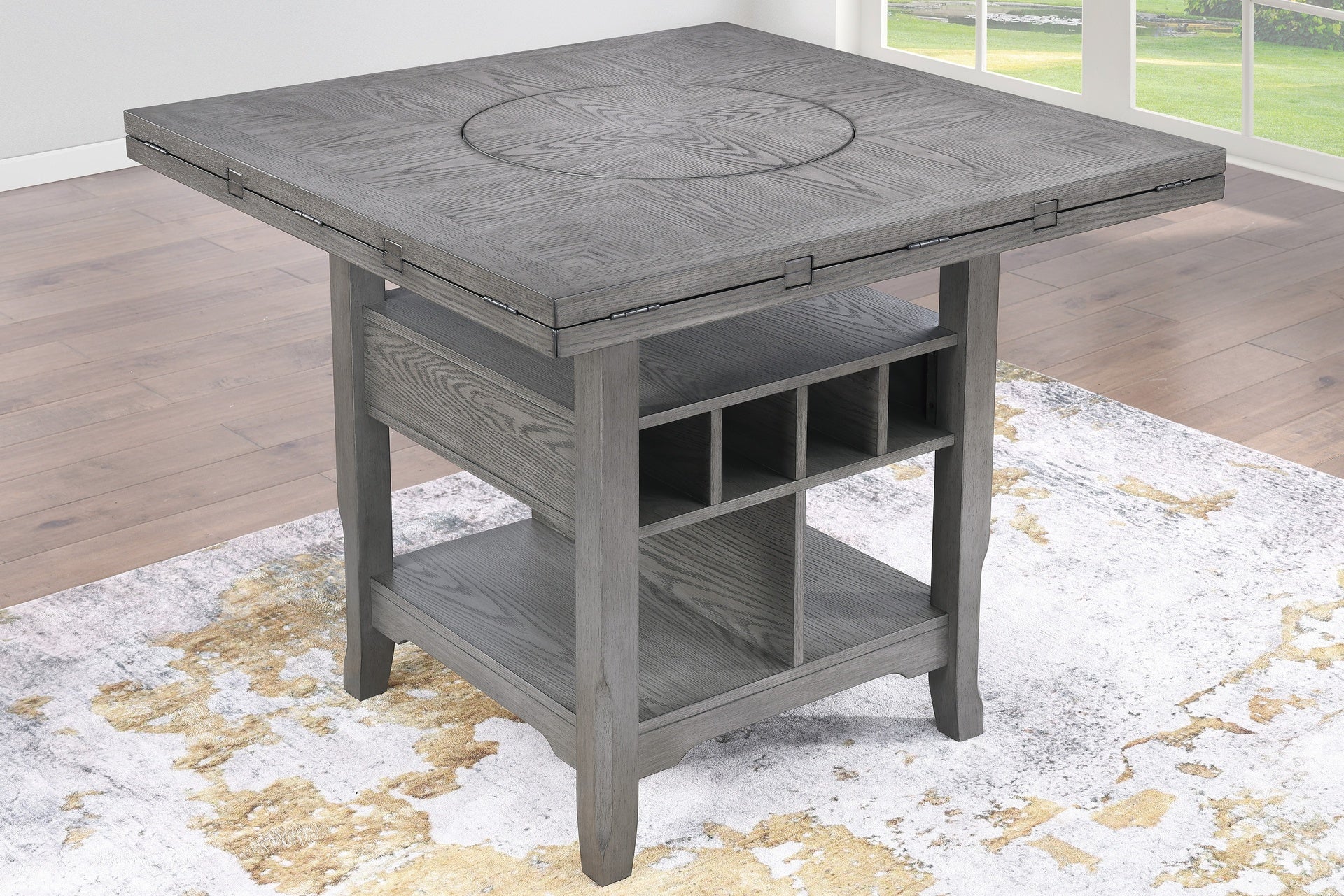 Contemporary 7pc Counter Height Dining Set Gray Table w Lazy Susan Built-in Leaf 6x High Chairs Kitchen Dining Room Storage Space Furniture