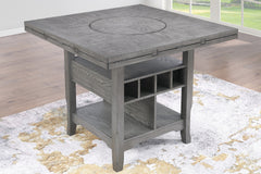 Contemporary 7pc Counter Height Dining Set Gray Table w Lazy Susan Built-in Leaf 6x High Chairs Kitchen Dining Room Storage Space Furniture