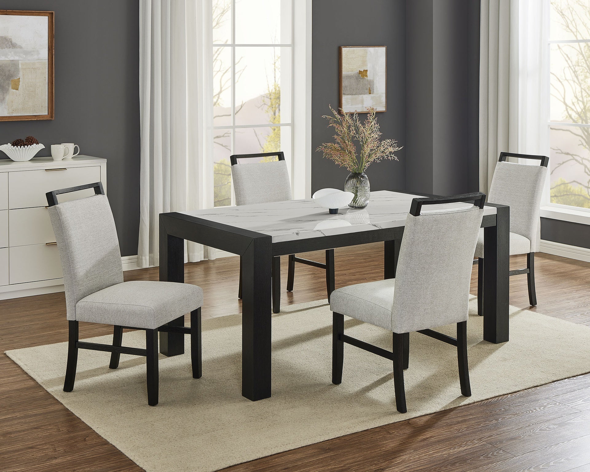 5pc Dining Set Contemporary Style White Faux Marble Rectangular Table Full Back Upholstered Chairs Light Gray Black Finish Dining Room Wooden Furniture