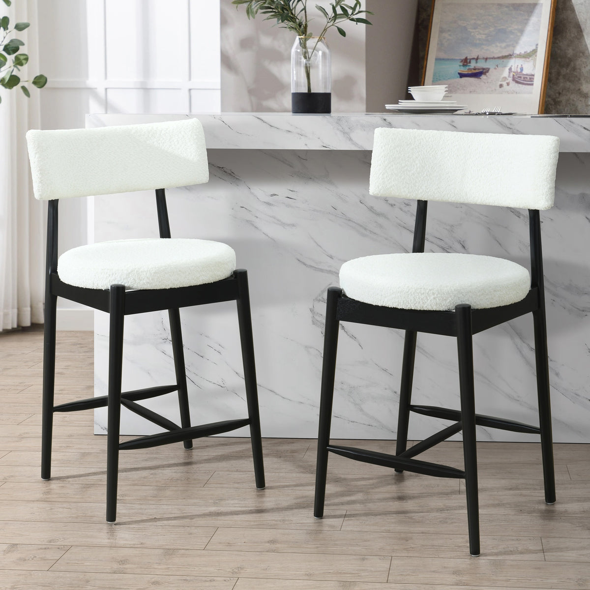 Mid Century Modern Counter Stool (Sets of 2)  Black+Beige