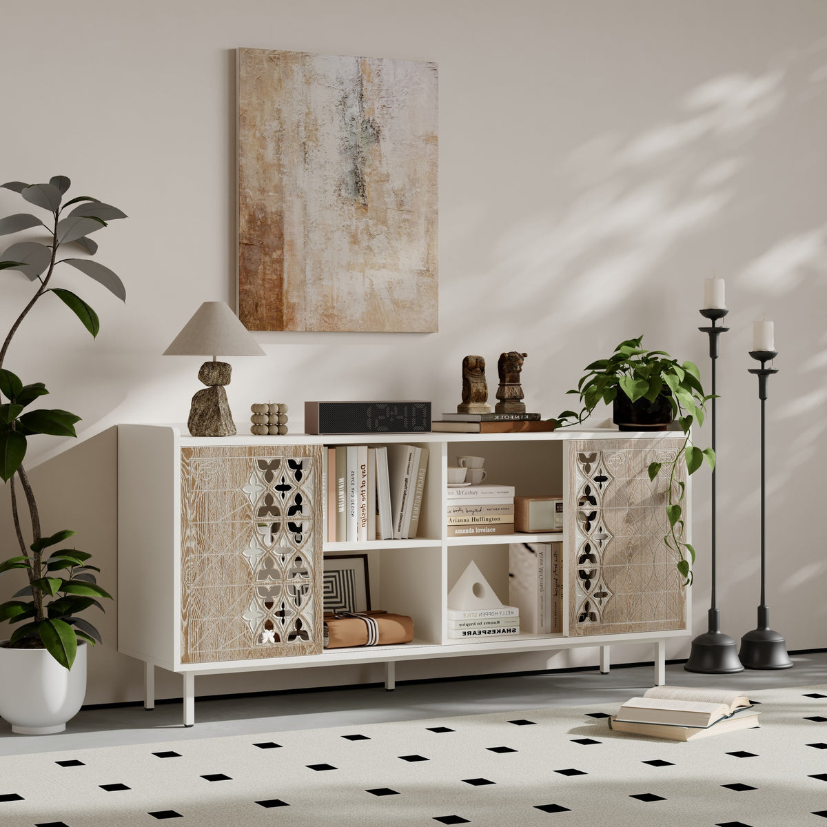 Sicotas Mid Century Sideboard Storage Rustic Sliding Door Solid Wood Cabinet for Living Room Decorative TV Buffet and Storage for TV Stand,Sideboards,Accent Cabinets