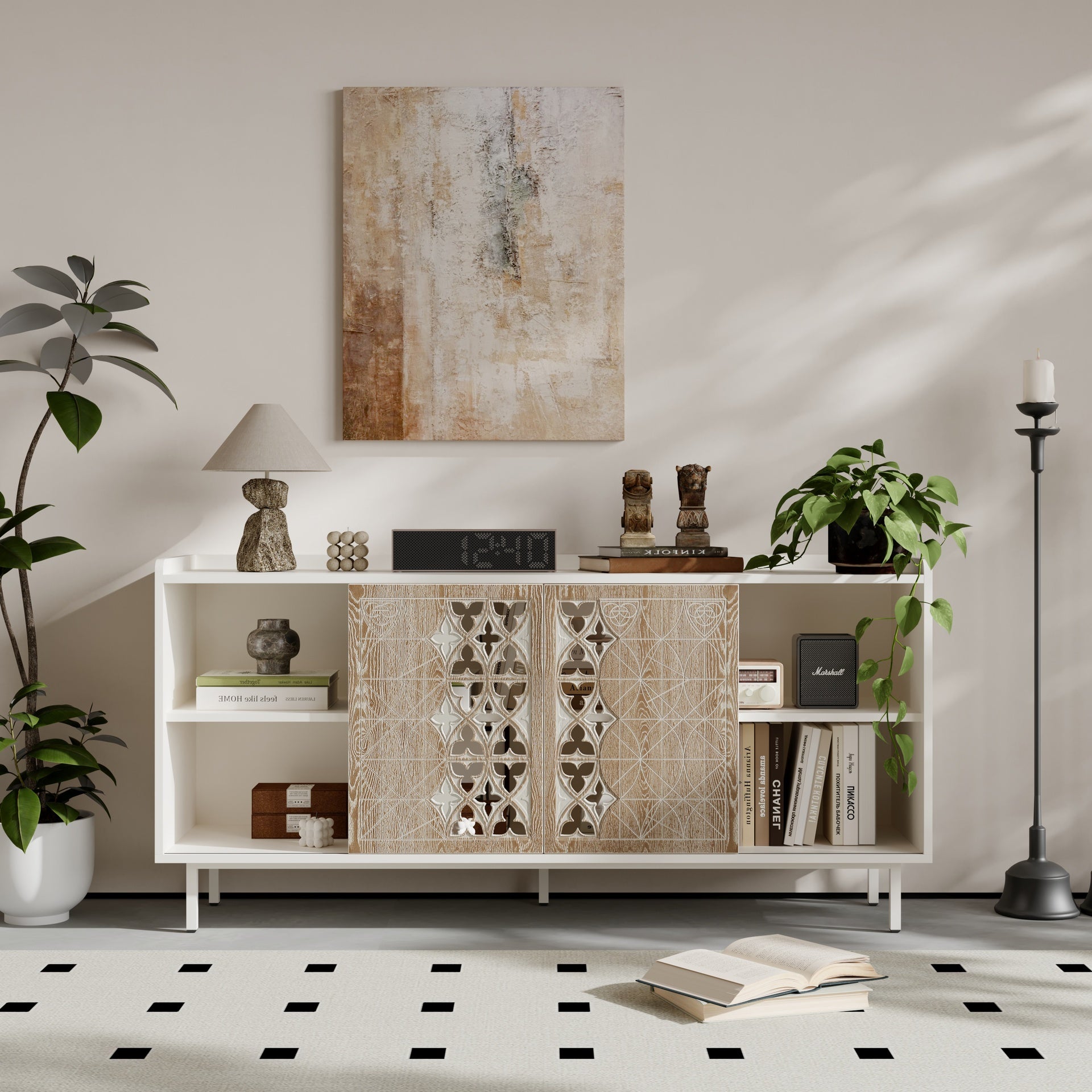 Sicotas Mid Century Sideboard Storage Rustic Sliding Door Solid Wood Cabinet for Living Room Decorative TV Buffet and Storage for TV Stand,Sideboards,Accent Cabinets