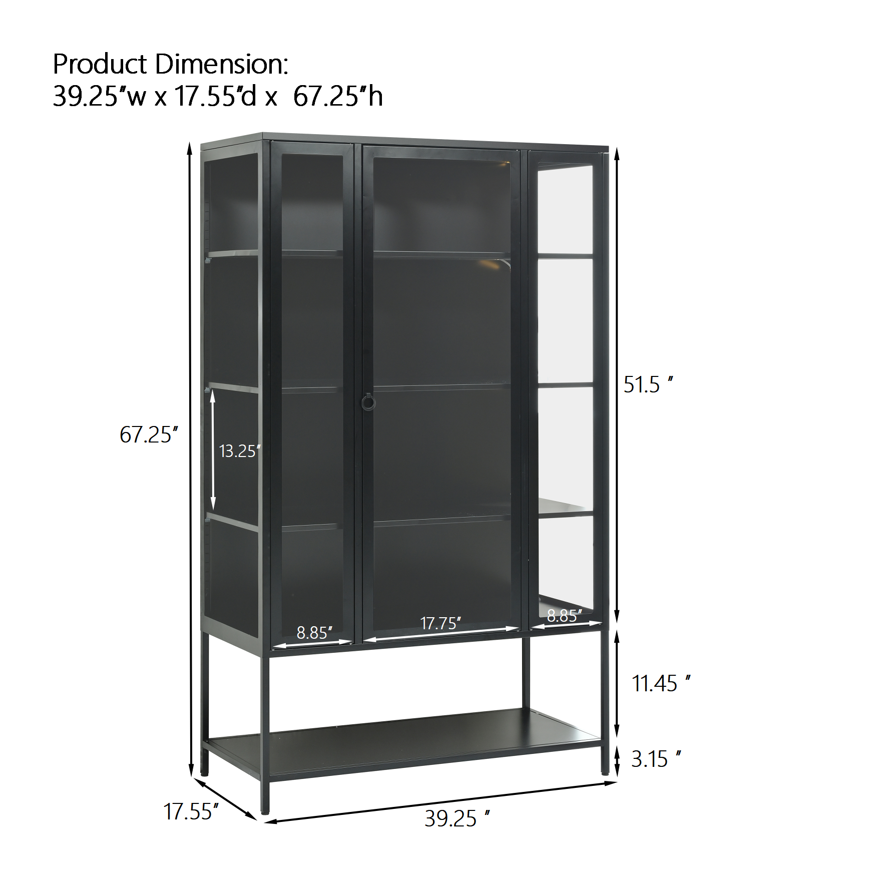 67.25'' Tall Iron Display Cabinet with Glass Door and LED Lights Steel Curio Cabinet for Collectibles Figures Trophies 3-Sided Glass Display Case for Home Office Study Room Stores Playroom - Black