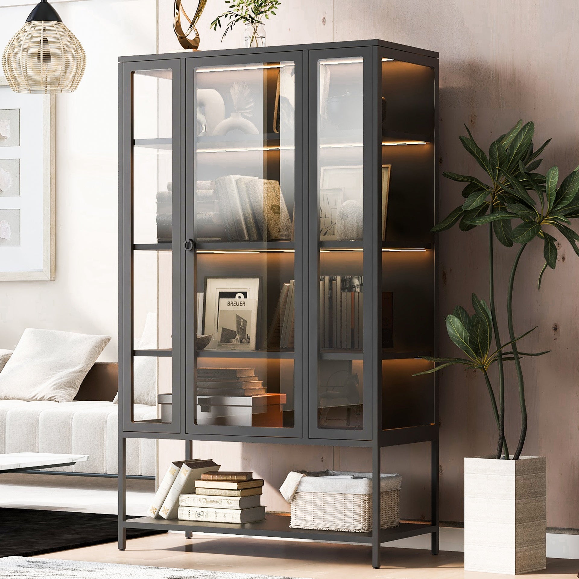 67.25'' Tall Iron Display Cabinet with Glass Door and LED Lights Steel Curio Cabinet for Collectibles Figures Trophies 3-Sided Glass Display Case for Home Office Study Room Stores Playroom - Black