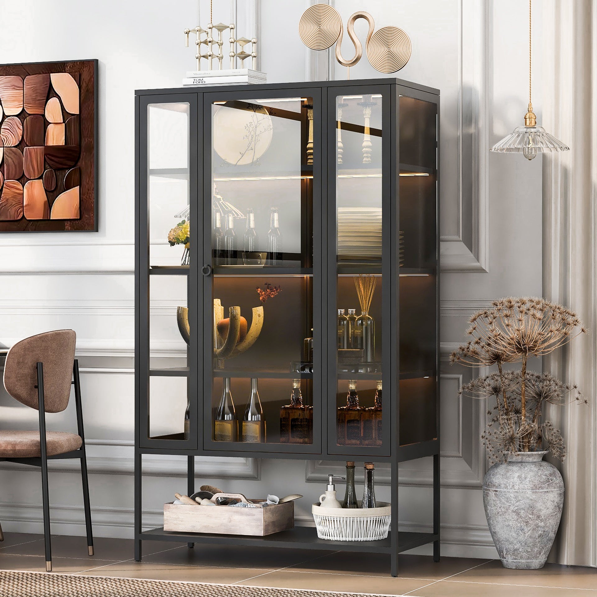 67.25'' Tall Iron Display Cabinet with Glass Door and LED Lights Steel Curio Cabinet for Collectibles Figures Trophies 3-Sided Glass Display Case for Home Office Study Room Stores Playroom - Black