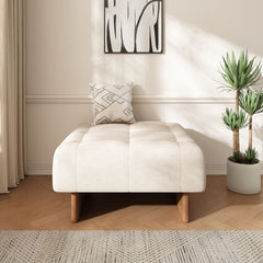 Square Upholstered Tufted Linen Fabric Ottoman, Solid Wood Legs, Beige