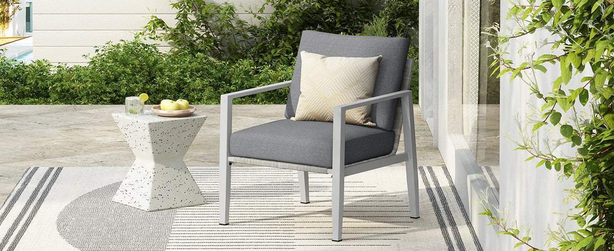 Silver Aluminum Lounge Chair with Sleek Rope Accents and Comfortable Cushions, Perfect for Modern Outdoor and Indoor Spaces