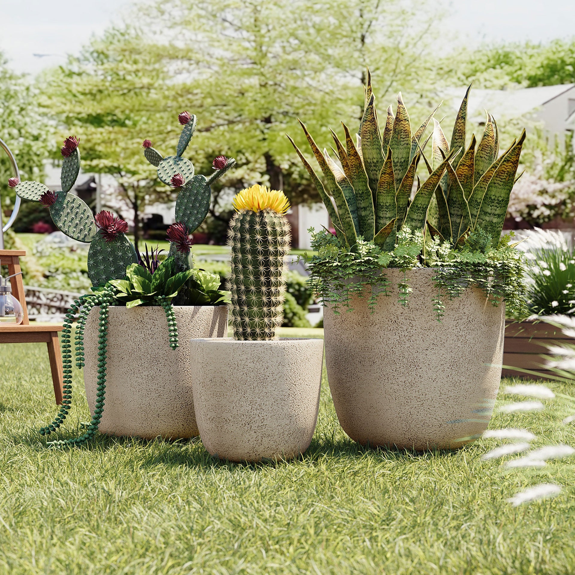 U_Style Lightweight Matte Textured MGO Outdoor Indoor Flower Pot Set of 3,16.9"+13.9"+11.22" Dia Round Concrete Stackable Planter with Drainage Holes and Rubber Plug,Perfect for Garden, Patio, Balcony