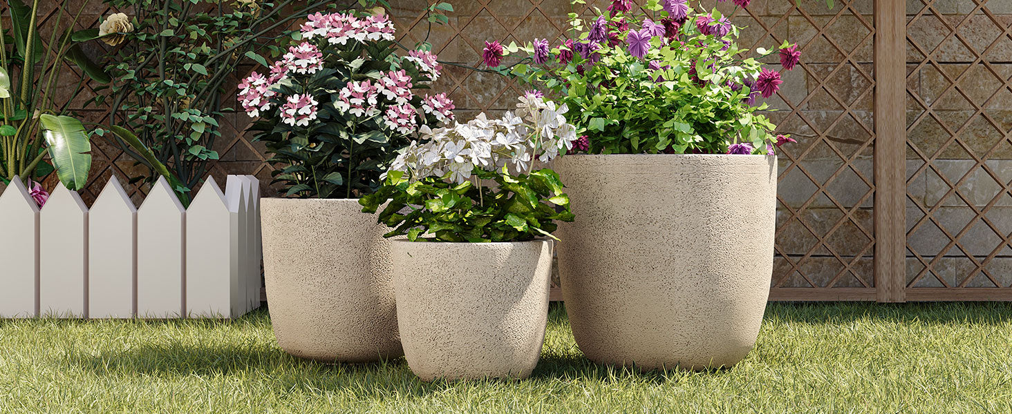 U_Style Lightweight Matte Textured MGO Outdoor Indoor Flower Pot Set of 3,16.9"+13.9"+11.22" Dia Round Concrete Stackable Planter with Drainage Holes and Rubber Plug,Perfect for Garden, Patio, Balcony