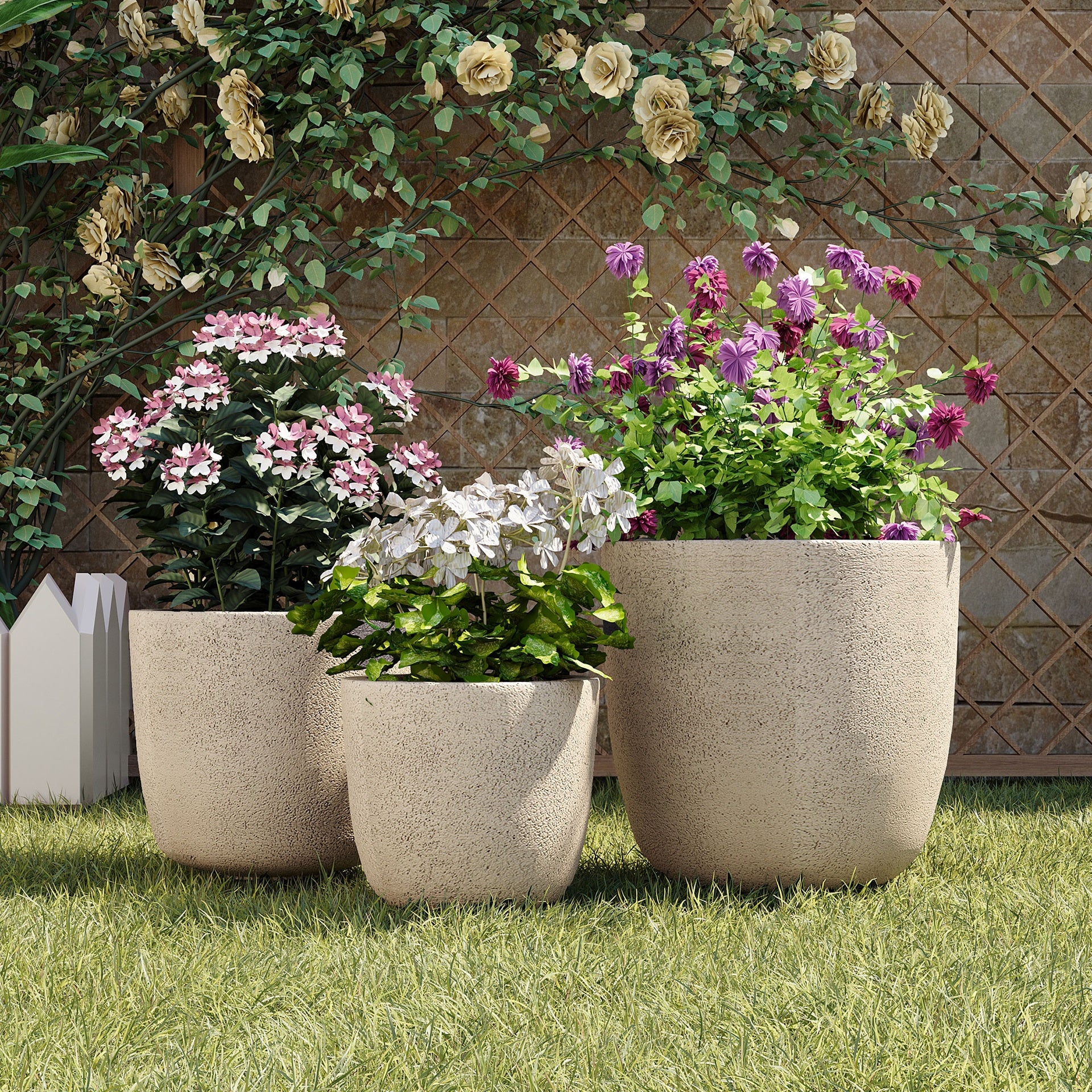 U_Style Lightweight Matte Textured MGO Outdoor Indoor Flower Pot Set of 3,16.9"+13.9"+11.22" Dia Round Concrete Stackable Planter with Drainage Holes and Rubber Plug,Perfect for Garden, Patio, Balcony