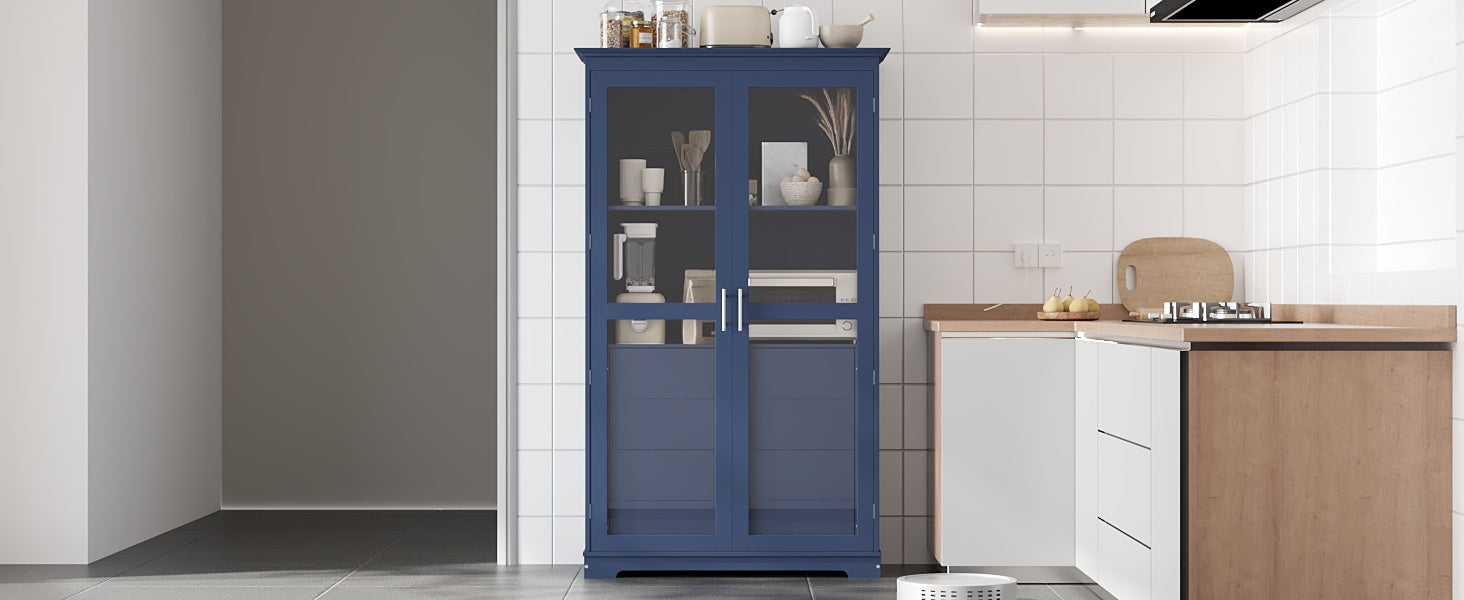 TOPMAX 44.7x20x75inch Kitchen Pantry, Freestanding Kitchen Storage Cabinet Display Cabinet with Glass Doors and 4 Built-in Drawers for Living Room, Home Office, Blue
