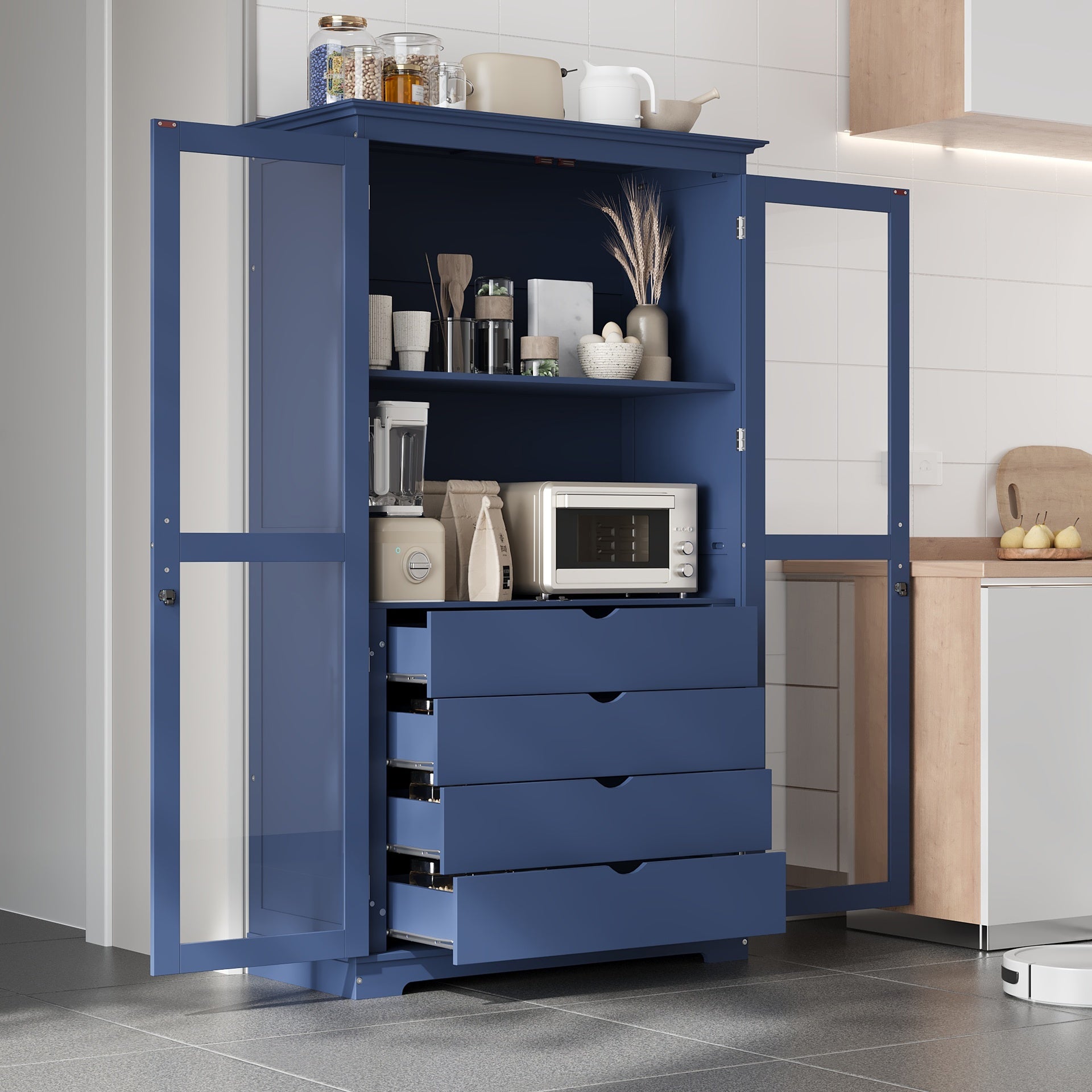 TOPMAX 44.7x20x75inch Kitchen Pantry, Freestanding Kitchen Storage Cabinet Display Cabinet with Glass Doors and 4 Built-in Drawers for Living Room, Home Office, Blue
