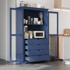 TOPMAX 44.7x20x75inch Kitchen Pantry, Freestanding Kitchen Storage Cabinet Display Cabinet with Glass Doors and 4 Built-in Drawers for Living Room, Home Office, Blue