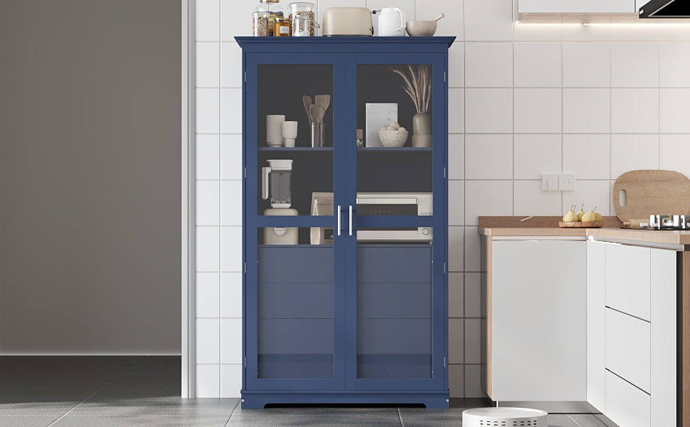 TOPMAX 44.7x20x75inch Kitchen Pantry, Freestanding Kitchen Storage Cabinet Display Cabinet with Glass Doors and 4 Built-in Drawers for Living Room, Home Office, Blue