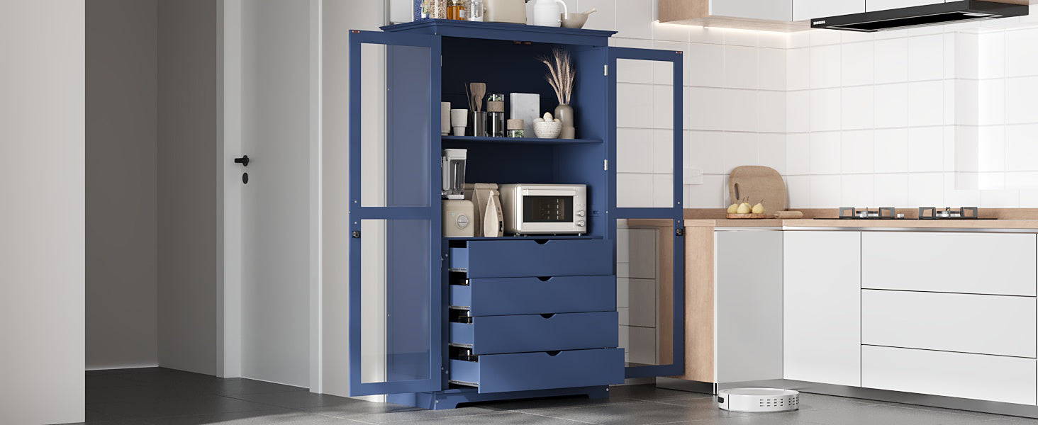 TOPMAX 44.7x20x75inch Kitchen Pantry, Freestanding Kitchen Storage Cabinet Display Cabinet with Glass Doors and 4 Built-in Drawers for Living Room, Home Office, Blue