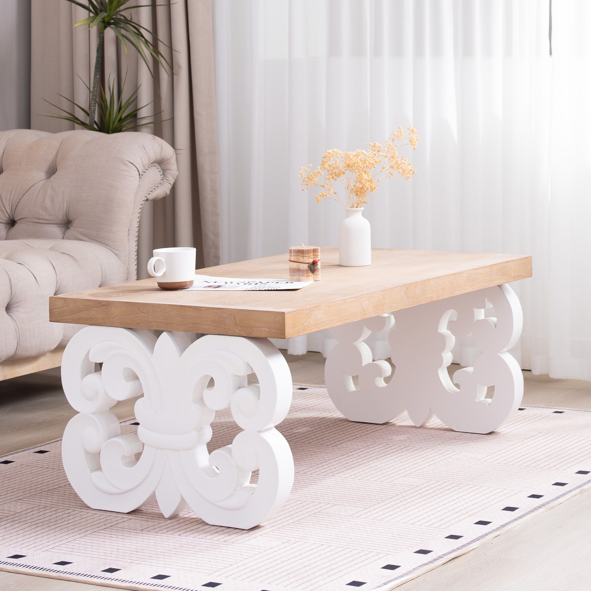 Ornate Wood Coffee Table – 47" Rectangular Farmhouse Style Table with White Carved Base and Natural Wood Top – Living Room Accent Table – Elegant Centerpiece for Modern or Traditional Decor