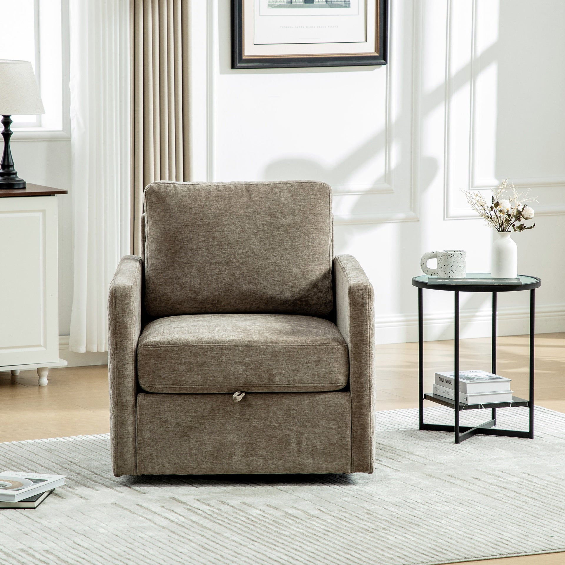 29.5''W Upholstered 360° Swivel Armchair with Hidden Storage, Comfy Diamond-Shape Tufted Armrests Accent Square Club Chair Single Sofa with Pillow for Living Room, Bedroom,Reading Nook,Corner, Taupe