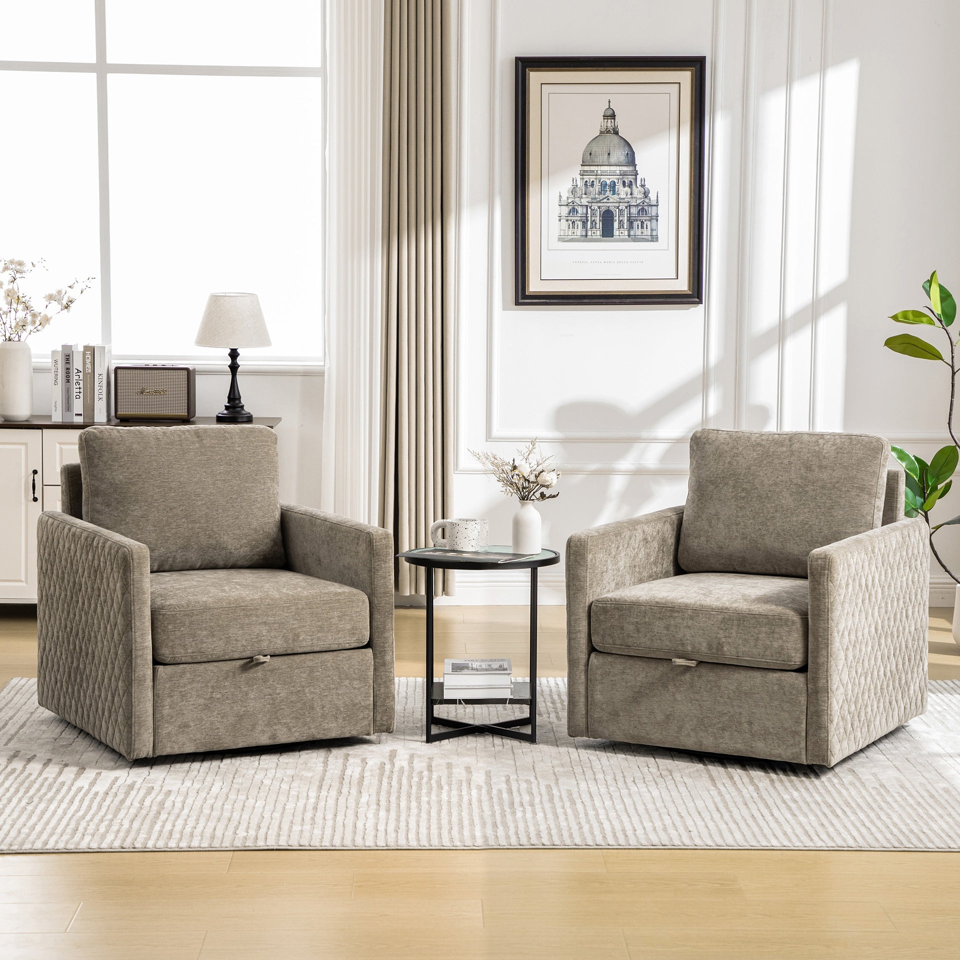 29.5''W Upholstered 360° Swivel Armchair with Hidden Storage, Comfy Diamond-Shape Tufted Armrests Accent Square Club Chair Single Sofa with Pillow for Living Room, Bedroom,Reading Nook,Corner, Taupe