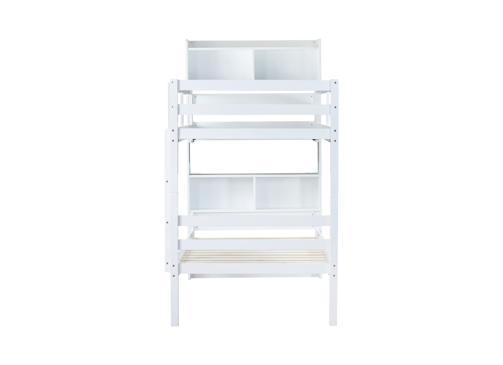 Twin Over Twin Bunk Bed with Shelves , Rubber Wood Bed with Shelves Headboard, Safety Guardrails and Ladder, Convertible to 2 Beds,White