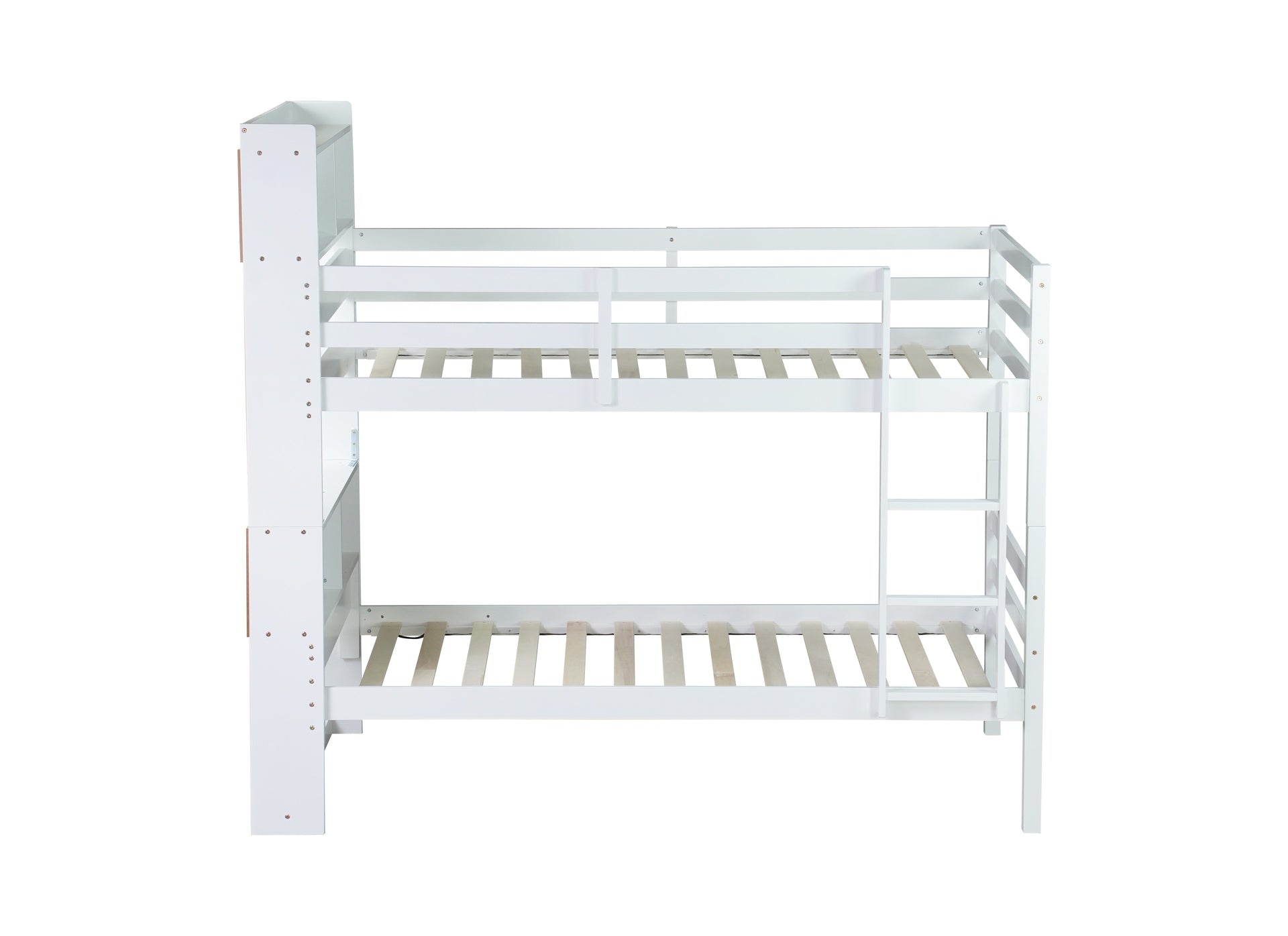 Twin Over Twin Bunk Bed with Shelves , Rubber Wood Bed with Shelves Headboard, Safety Guardrails and Ladder, Convertible to 2 Beds,White