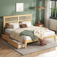 King Size Bed with Rattan Headboard, Two Storage Drawers, Rubber Wood Bed with Enhanced Support Slats and Feet,White Oak