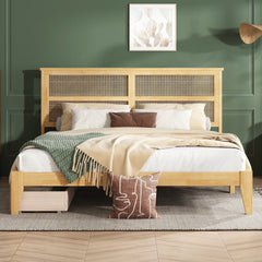 King Size Bed with Rattan Headboard, Two Storage Drawers, Rubber Wood Bed with Enhanced Support Slats and Feet,White Oak