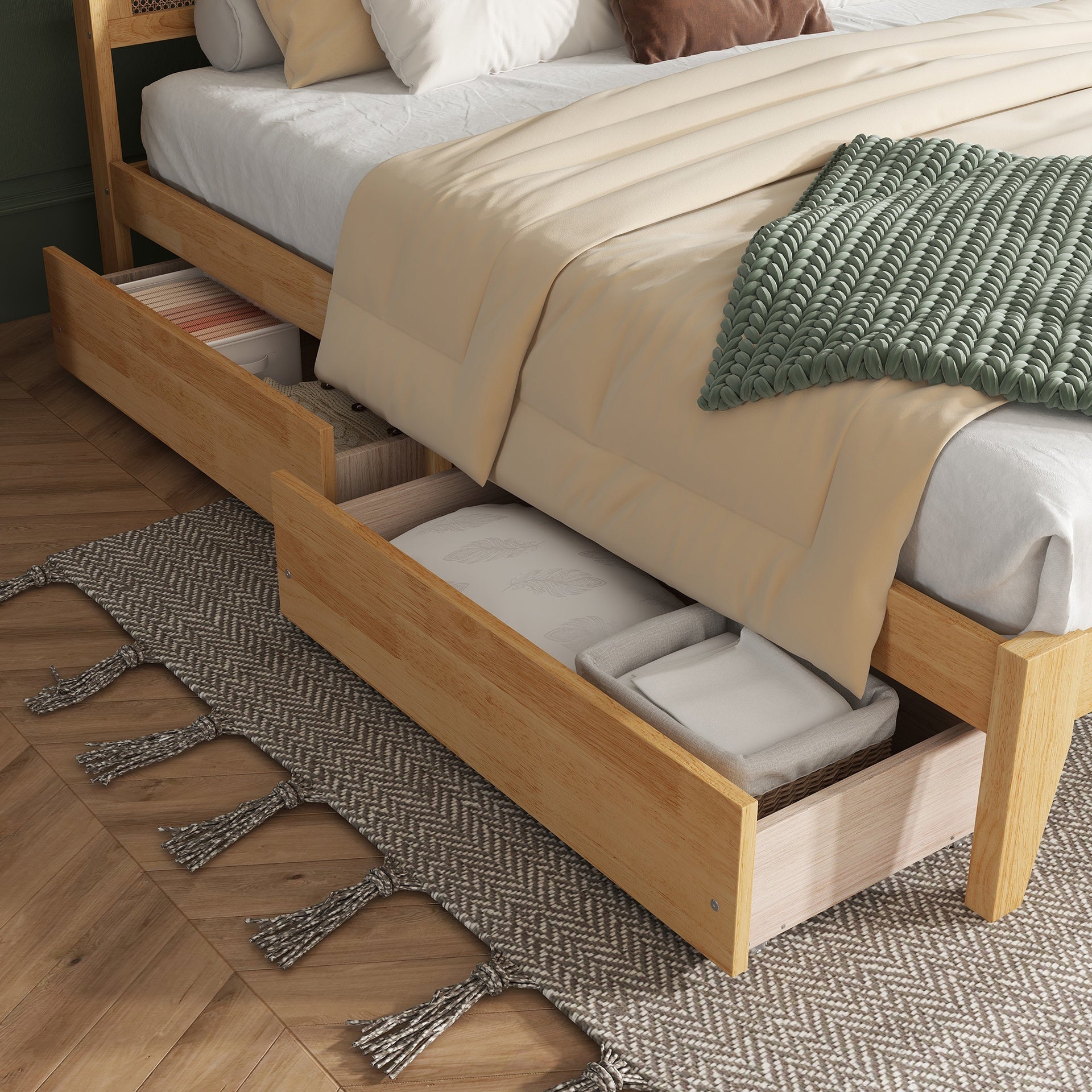 King Size Bed with Rattan Headboard, Two Storage Drawers, Rubber Wood Bed with Enhanced Support Slats and Feet,White Oak