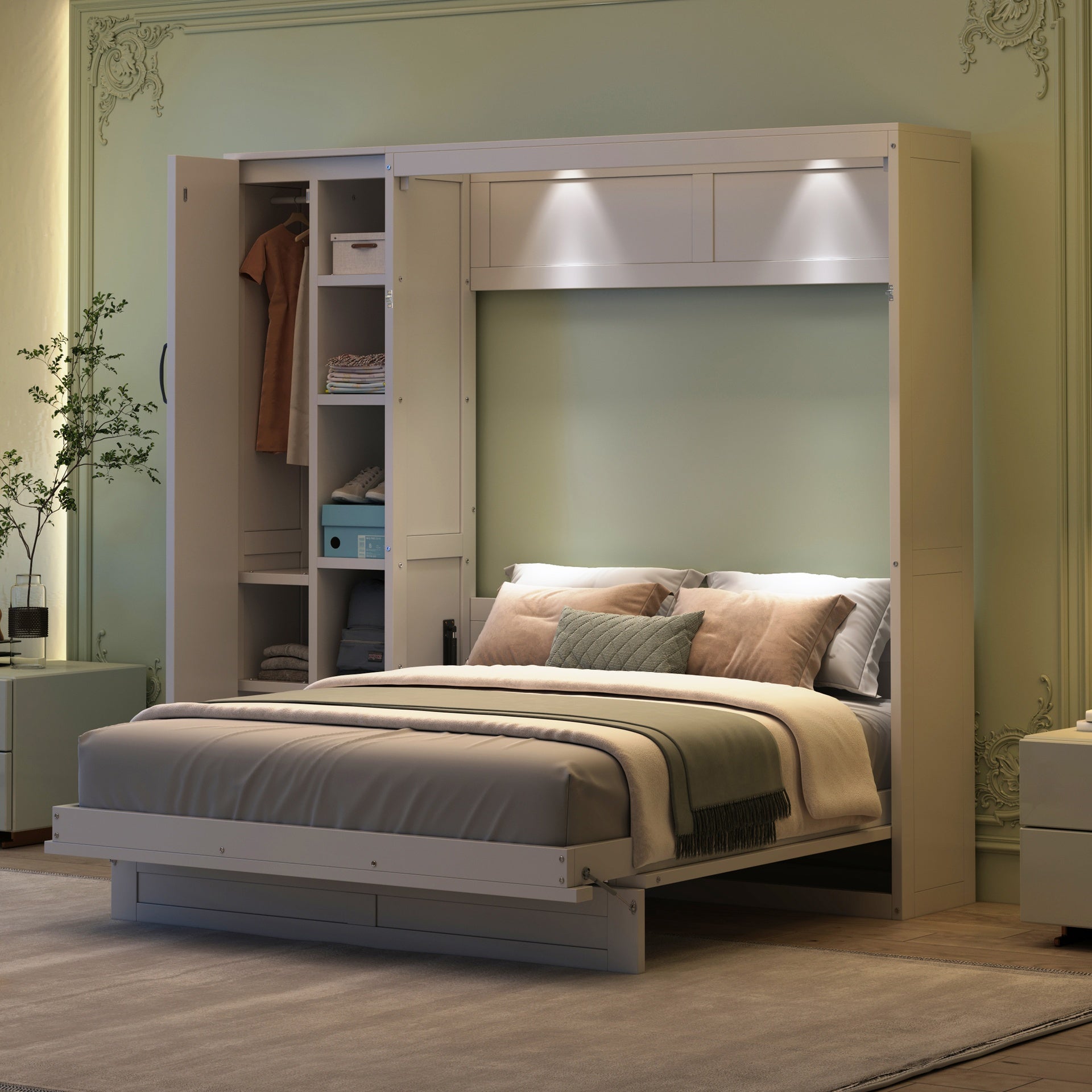 Full Size Murphy Bed Wall Bed with Shelves, Wardrobe and LED Lights,White