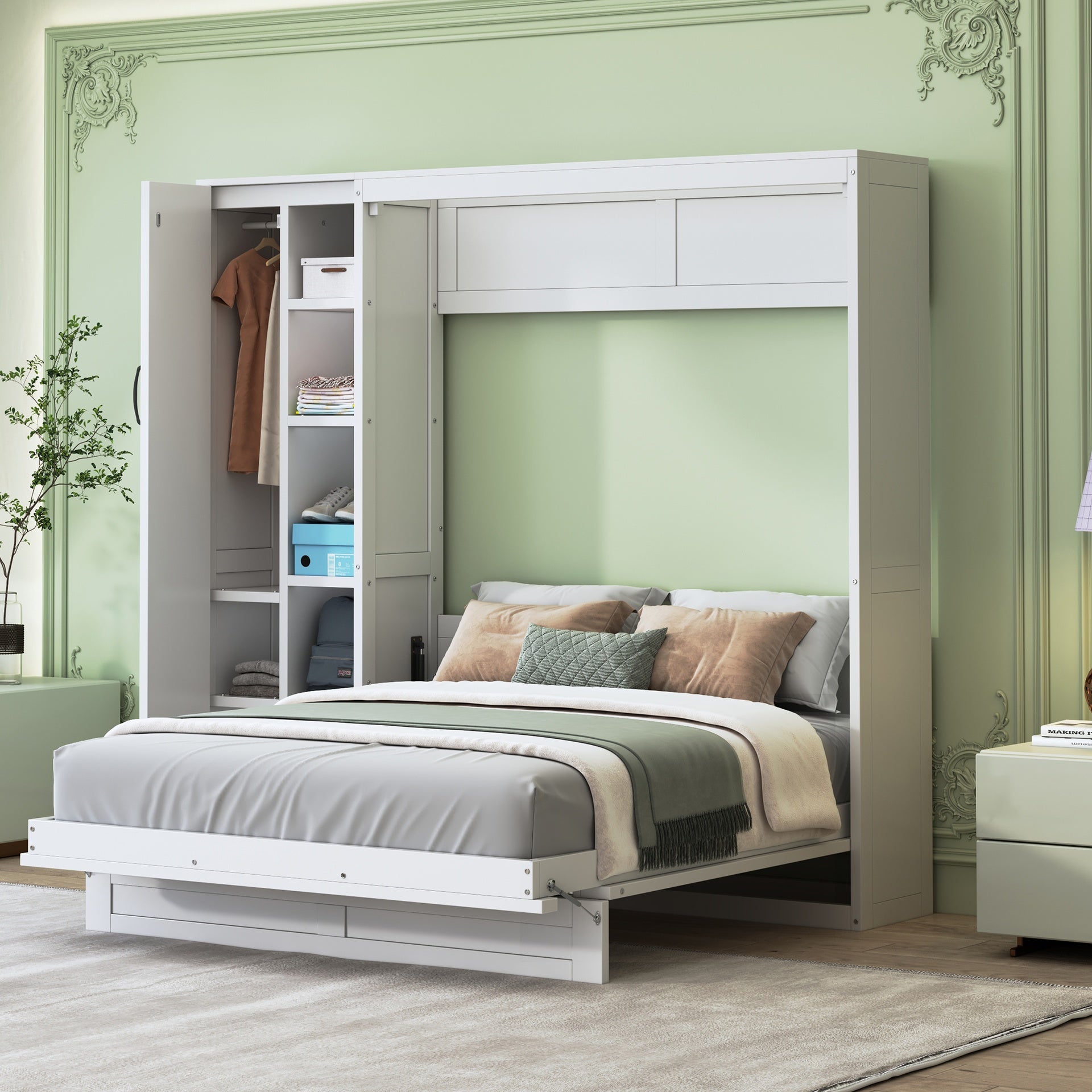 Full Size Murphy Bed Wall Bed with Shelves, Wardrobe and LED Lights,White