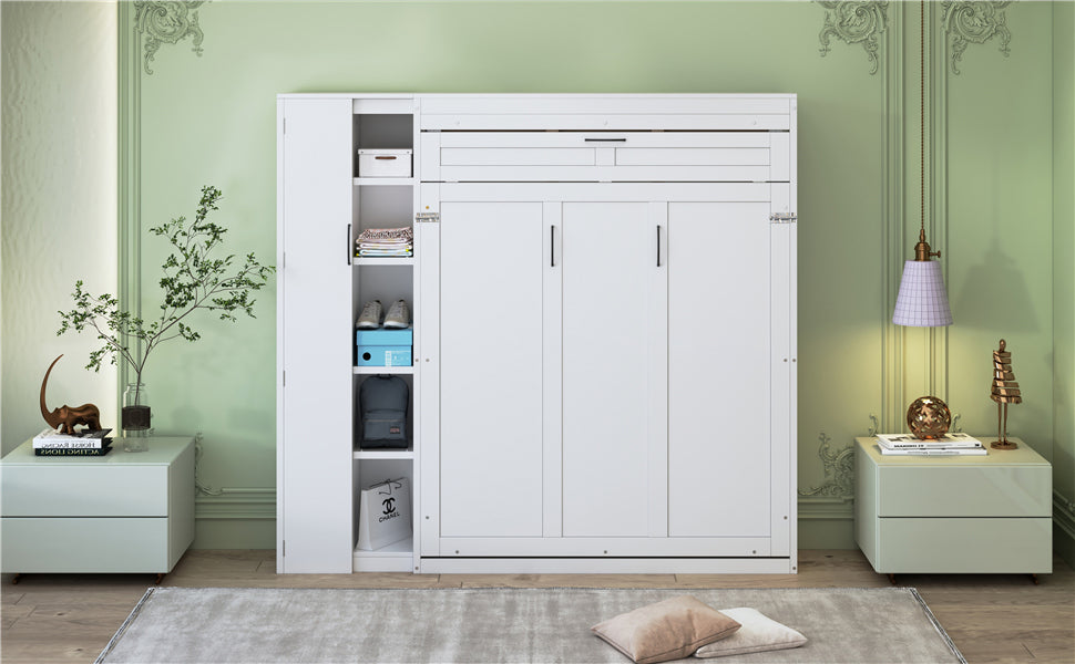 Full Size Murphy Bed Wall Bed with Shelves, Wardrobe and LED Lights,White