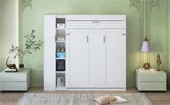 Full Size Murphy Bed Wall Bed with Shelves, Wardrobe and LED Lights,White
