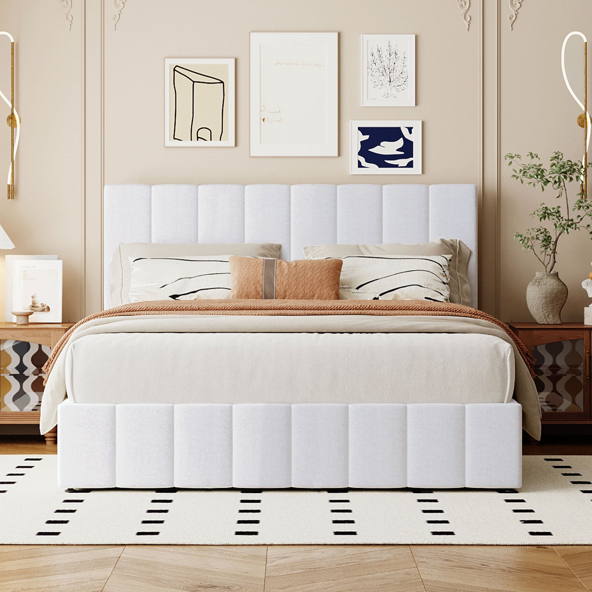 Queen size Upholstered Platform bed with a Hydraulic Storage System - White