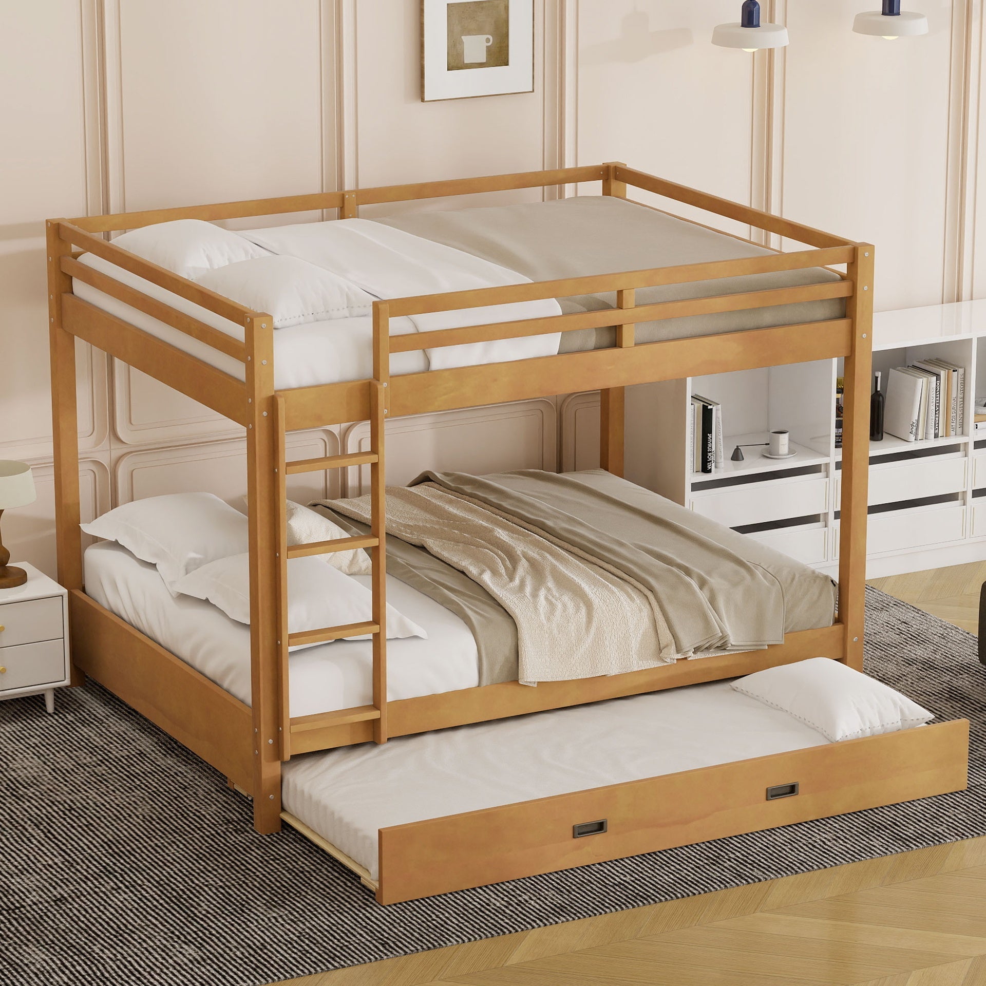 Wood Queen Size Bunk Bed with Ladder and Trundle, Wood Color
