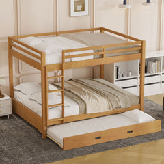 Wood Queen Size Bunk Bed with Ladder and Trundle, Wood Color
