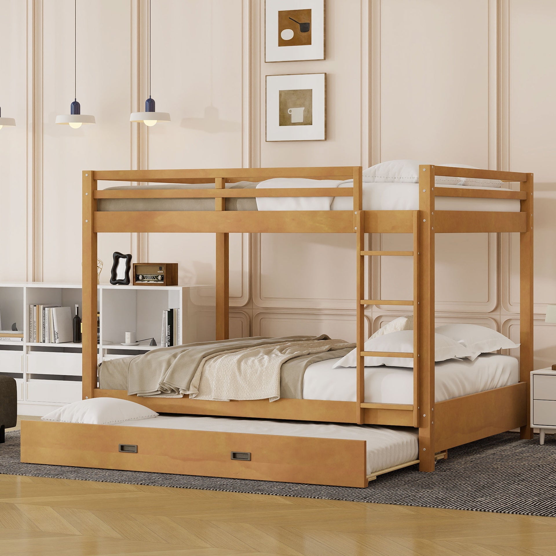 Wood Queen Size Bunk Bed with Ladder and Trundle, Wood Color