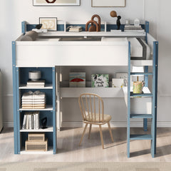 Full Size Wood Loft Bed with Built-in storage shelves, Clothes rails and desk, White+Blue