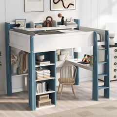 Full Size Wood Loft Bed with Built-in storage shelves, Clothes rails and desk, White+Blue