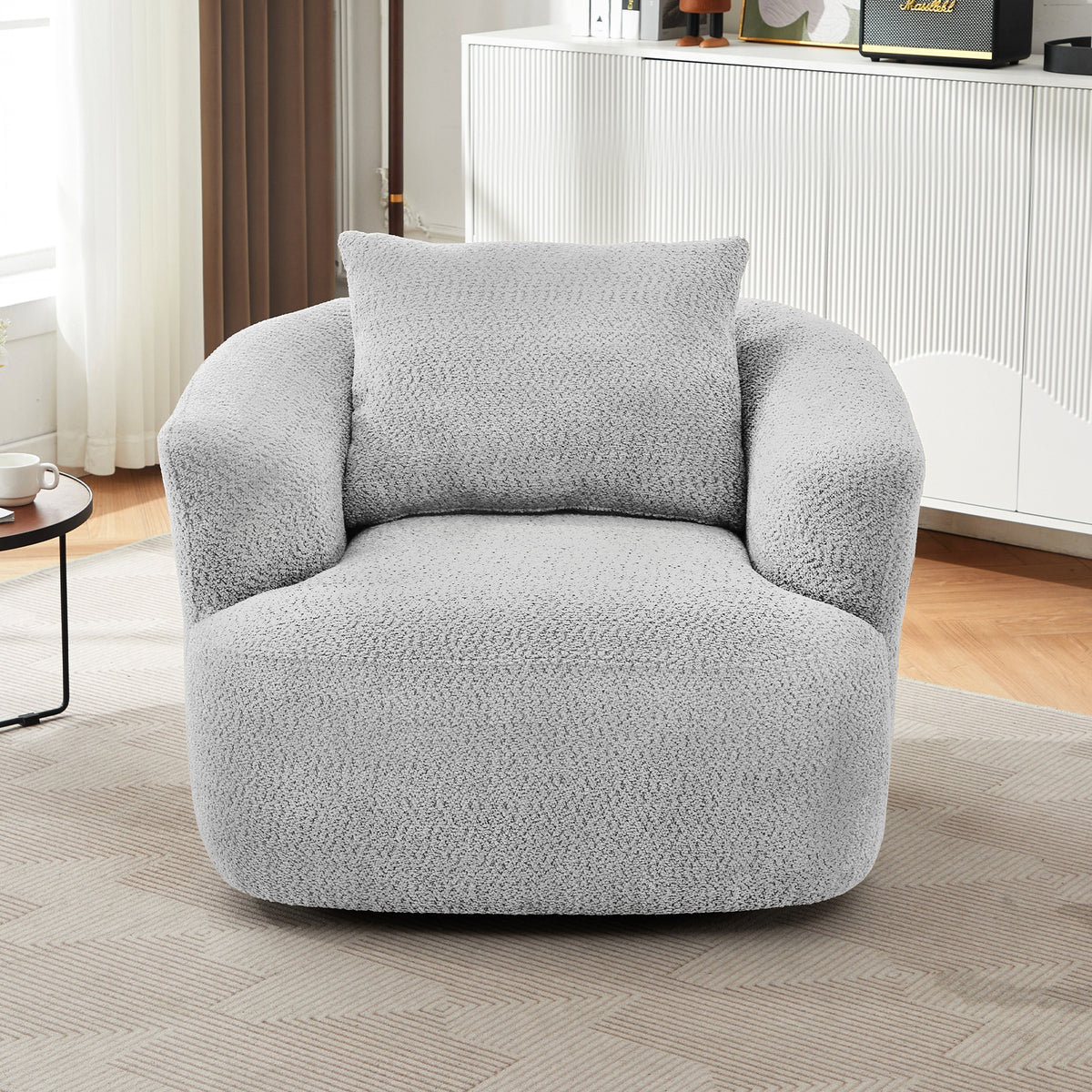 360° Swivel Chair, 38.2" Accent Chair Sofa, Upholstered Swivel Barrel Sofa Chair with a Throw Pillow for Living Room, Bedroom, Office and Hotel, Light Grey