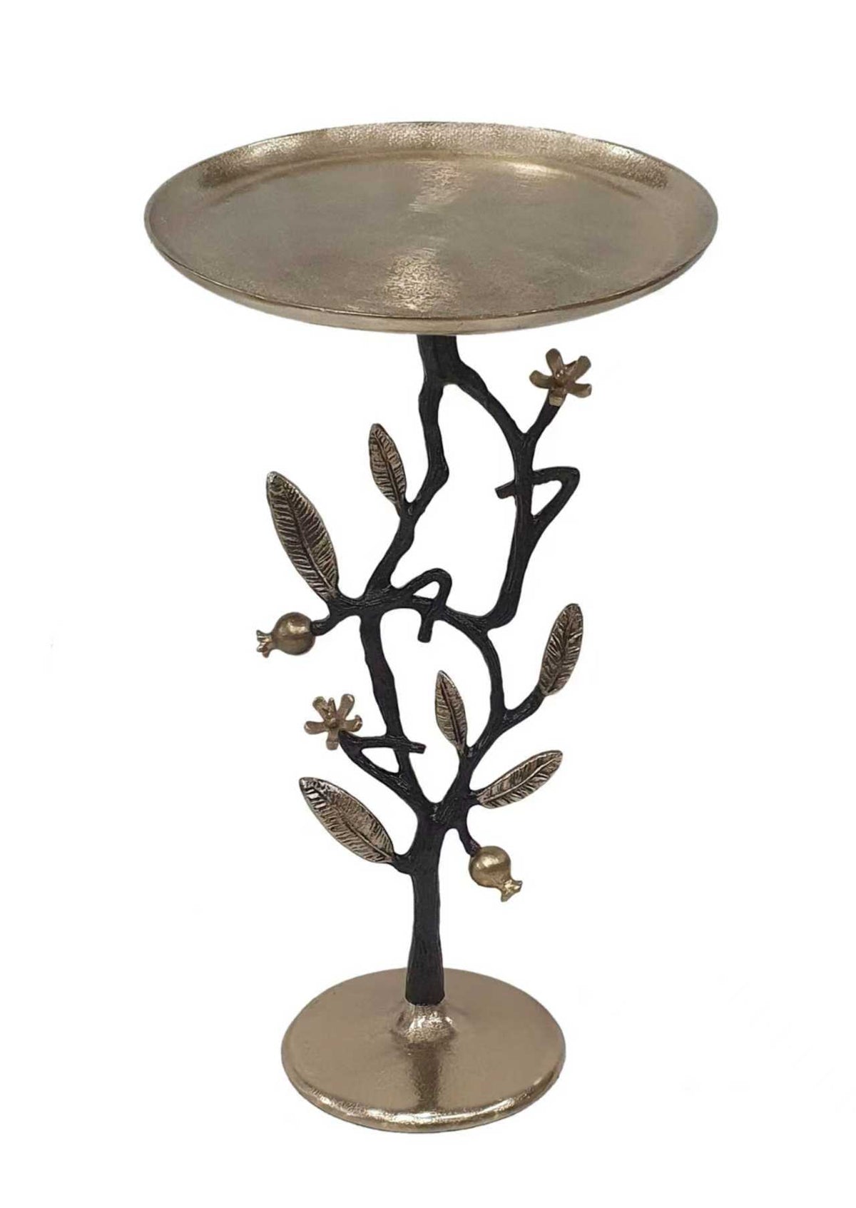 13.8x13.8x24" Black And Gold Aluminum Side Table With Delicate Pomegranate Design