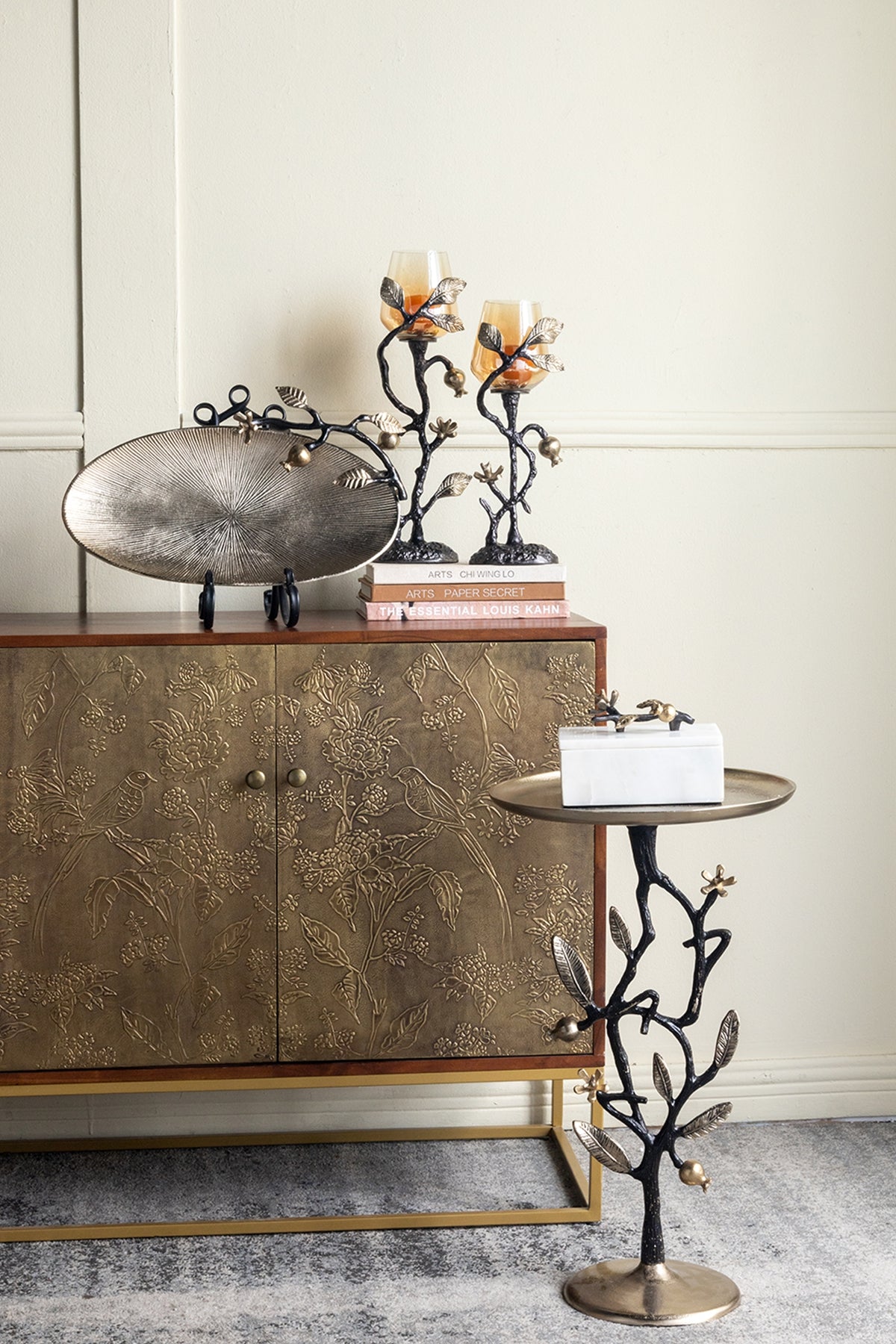 13.8x13.8x24" Black And Gold Aluminum Side Table With Delicate Pomegranate Design