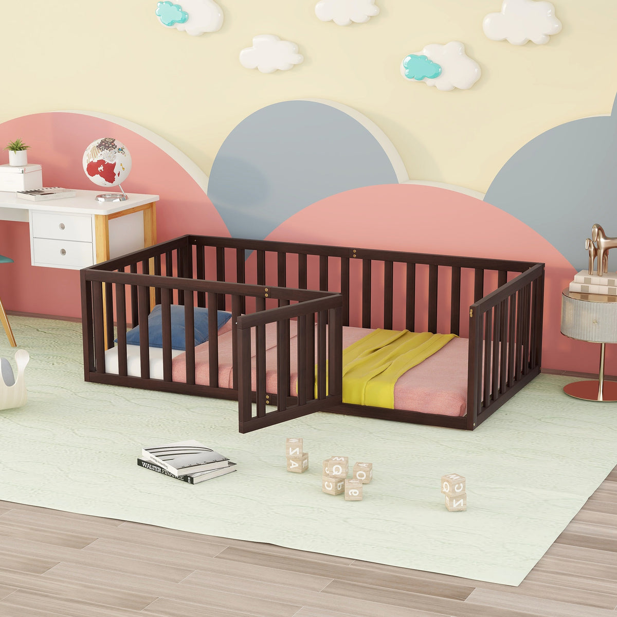 Twin Size Wood Floor Bed Frame with Fence and Door, Walnut