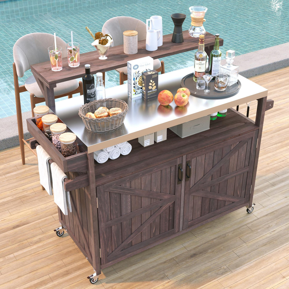 K&K 53.3" Outdoor Kitchen Island with Raised Shelf, Solid Wood Storage Cabinet with Stainless Steel Top, Outdoor Rolling Grill Cart with Internal Storage Rack, Adjustable Shelf, Spice Rack, Brown