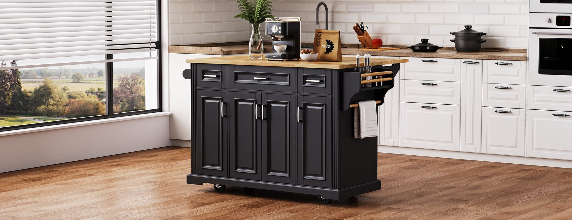 K&K 54inch Large Kitchen Island with Rubber Wood Drop Leaf, Embossed Texture Rolling Kitchen Cart on 4 Wheels with 4 Doors and 3 Drawers, Kitchen Island with Storage for Kitchen, Dining Room,Black