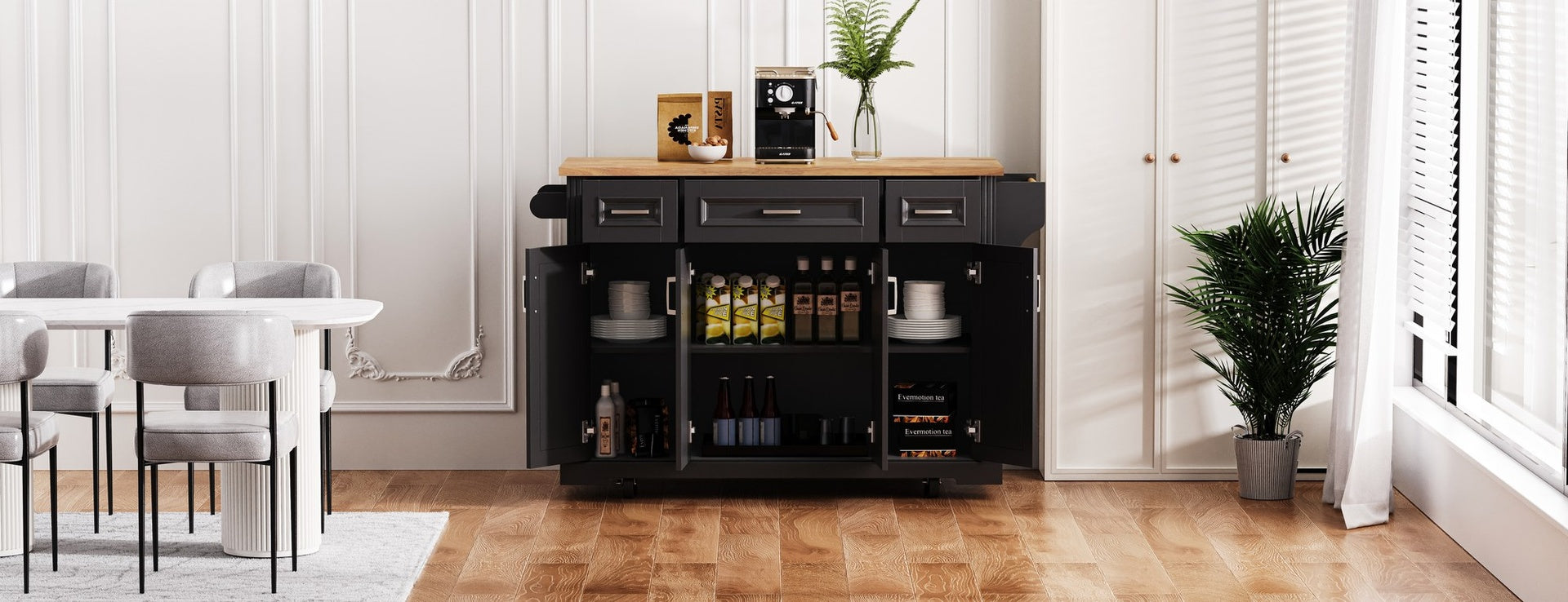 K&K 54inch Large Kitchen Island with Rubber Wood Drop Leaf, Embossed Texture Rolling Kitchen Cart on 4 Wheels with 4 Doors and 3 Drawers, Kitchen Island with Storage for Kitchen, Dining Room,Black